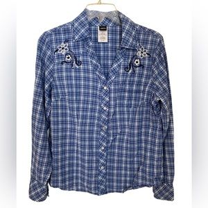 BILA Pearl Snap Blouse, Size M, Embroidery on Front and Back, Western Wear
